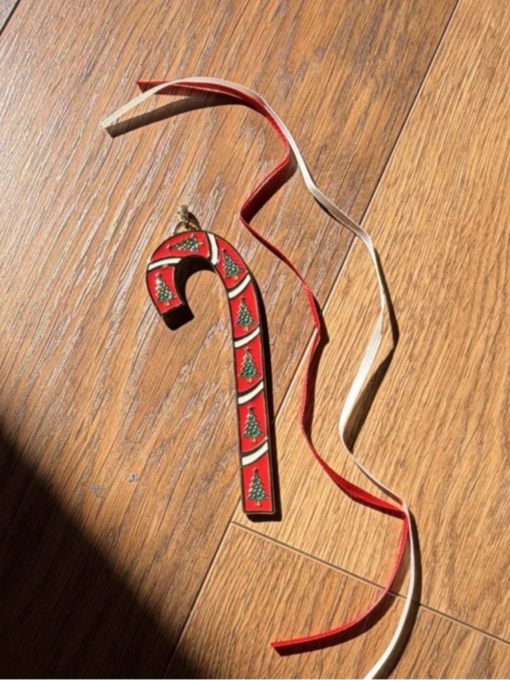 Wallace Silversmiths Red Candy Cane Ornament with Green Tree Motifs